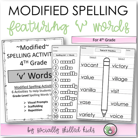 Modified Spelling Activities | Featuring 'v' Words | For 4th Grade