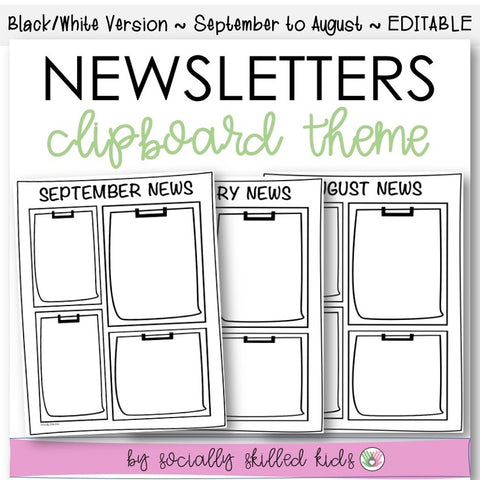 NEWSLETTERS Clipboard Theme | September To August | Black and White Version