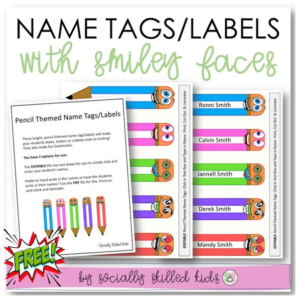 Pencil Themed Funny Face Name Tags/Classroom Labels | Freebie