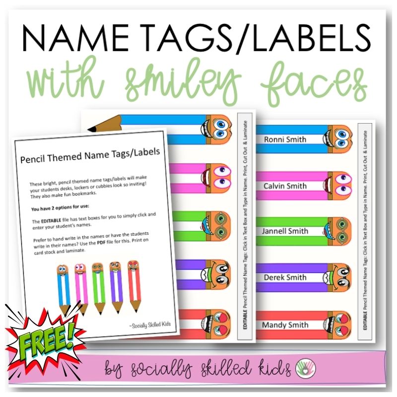 Pencil Themed Funny Face Name Tags/Classroom Labels | Freebie – Socially Skilled Kids for Free Printable Pencil Name Tags