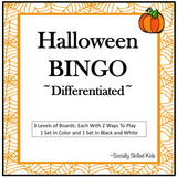 Halloween BINGO differentiated for elementary students regular or special needs. Great way to work on many social skills such as flexible thinking, attention, and good sportsmanship.